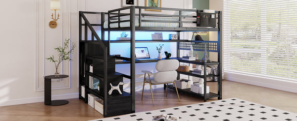 English Elm Full Size Steel Loft Bed with Staircase Storage Wardrobe Desk and Led Lighting Black W2593S00060