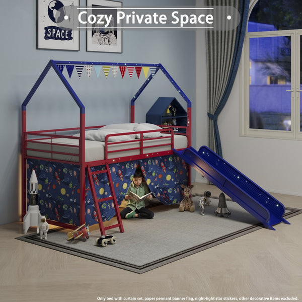 English Elm Jack Metal Junior Loft Bed With Slide & Curtain Set – Superhero Red & Blue Design For Fun Playtime! B083P354665