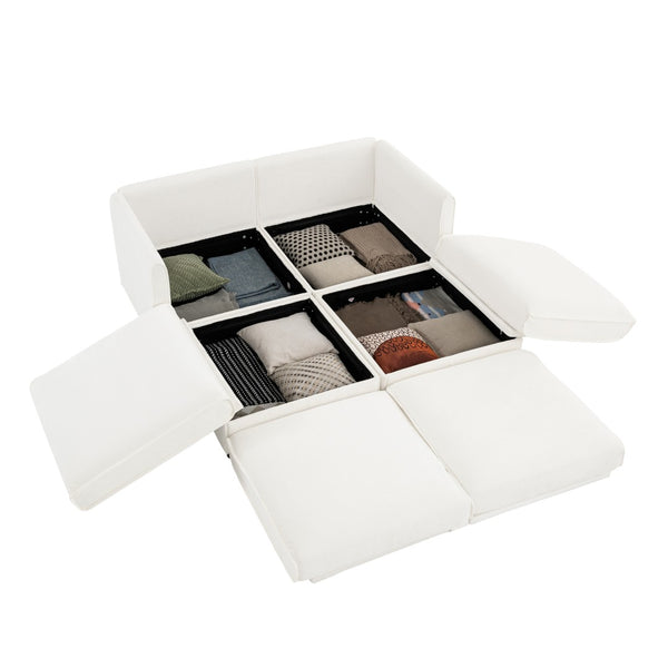 English Elm Stylish White Chenille Loveseat With Ottoman Storage, Ergonomic Backrest & Modular Design For Comfort W714S01036-GIGA