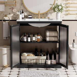English Elm Christopher Knight Home® - 30" Modern Bathroom Vanity with Ceramic Sink, Tempered Blurred Glass Doors, Rubber Wood Frame Storage Matte Black N817P279904B