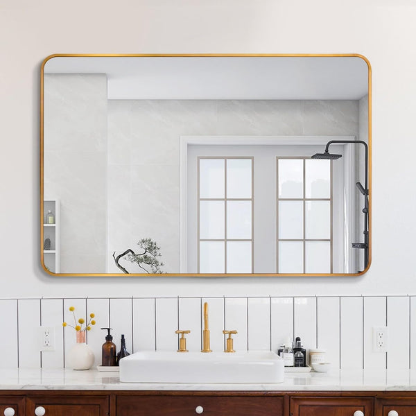 English Elm 30x40 Inch Metal Framed Rectangular Bathroom Mirror 4mm HD Glass Shatterproof Film Modern Design Gold W2203P303034