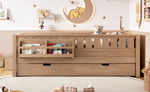 English Elm Twin Kids Platform Bed with Trundle Staircase Bookshelf and Rounded Safety Rails Natural W1580S00558
