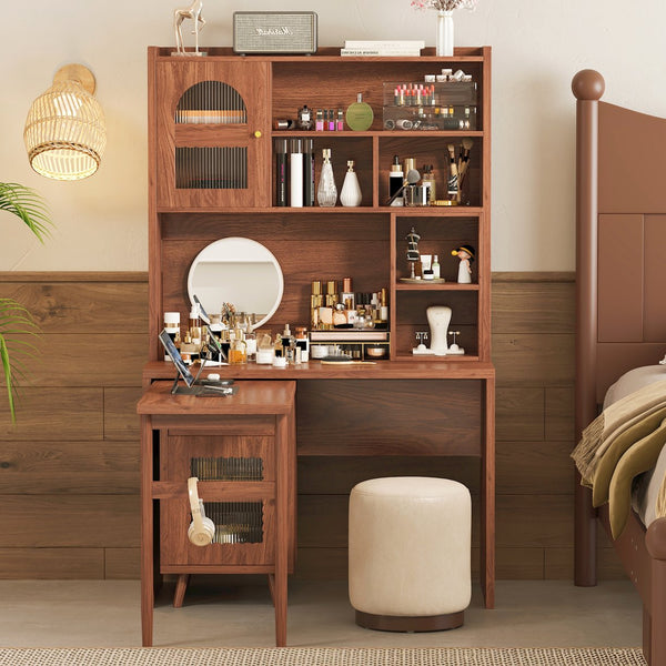 English Elm Computer Desk with Rotating Extension Panel Walnut Finish Glass Cabinets Home Office N733S363716D