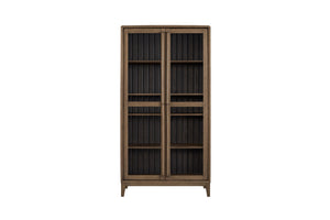 English Elm Latte Solid Wood Display Cabinet with 4 Shelves, Elm Veneer Channel Back, 2 Glass Doors, Light Brown Finish B2699P237503