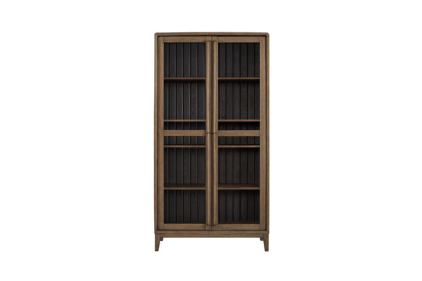English Elm Latte Solid Wood Display Cabinet with 4 Shelves, Elm Veneer Channel Back, 2 Glass Doors, Light Brown Finish B2699P237503