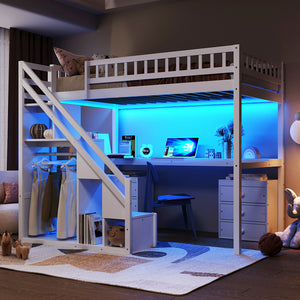 English Elm Twin Loft Bed with Staircase Desk Dual Drawers and Led Strip for Kids Rooms LT000257AAK