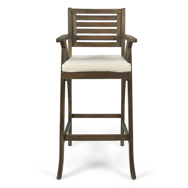 English Elm Christopher Knight Home® - HERMOSA Acacia 30" Outdoor Bar Stool Set of 2 with Weather-Resistant Cushions and Ladder-Back Design Grey 59244.00GRYMP2
