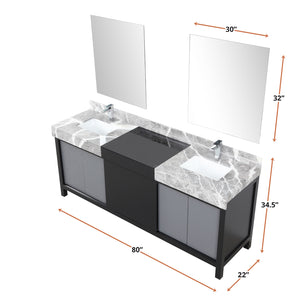 English Elm Black Double Bath Vanity 80" W With Grey Marble Top, Chrome Faucets & 30" Mirrors For Modern Style B2731S01162