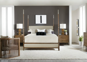 Hooker Furniture Chapman Four Poster Queen Bed With Upholstered Taupe Headboard, Hand‑Hammered Pewter Posts & Oak Veneer 89.75 L x 64.50W x 90.25H 6033-90450-85