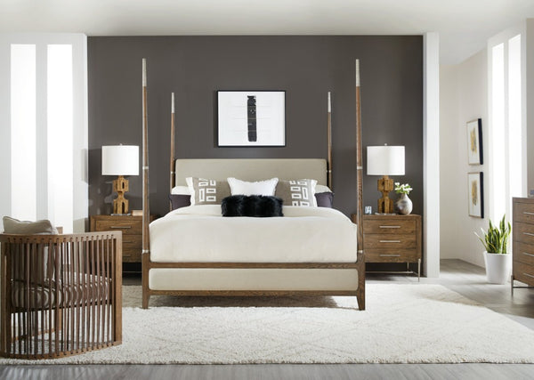 Hooker Furniture Chapman Four Poster Queen Bed With Upholstered Taupe Headboard, Hand‑Hammered Pewter Posts & Oak Veneer 89.75 L x 64.50W x 90.25H 6033-90450-85