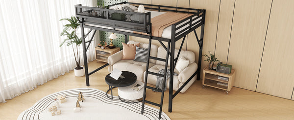 English Elm Full Size Loft Bed with Ladder and Built-In Shelves, Sturdy Metal High Loft for Kids Teens 54" Black W2580P379998