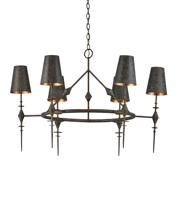 Currey & Company Anselm Chandelier: Brutalist Elegance With Textured Verdigris Bronze & Shimmering Gold Finish Black Wrought Iron 9000-1311-currey-company