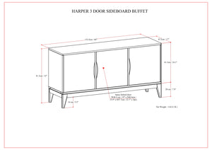 English Elm Harper Walnut Brown 3-Door Sideboard Buffet – Solid Rubberwood, Mid-Century Tapered Legs, Storage B136P235248