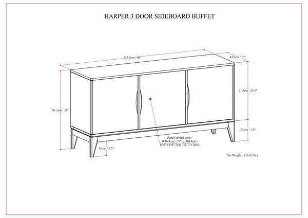 English Elm Harper Walnut Brown 3-Door Sideboard Buffet – Solid Rubberwood, Mid-Century Tapered Legs, Storage B136P235248