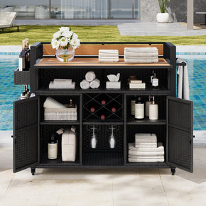 English Elm K&K Wicker Outdoor Grill Cart with Foldable Drop Leaf, Locking Wheels, Wine Rack & Ample Storage Black Brown N707P233747B