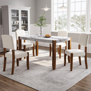 English Elm 5-Piece Modern Dining Furniture Set, 4-Person Space-Saving Dinette For Kitchen, 46" Faux Marble Style Table and 4 Upholstered Chairs With Solid Rubberwood Legs