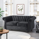 Christopher Knight Home® - Noble House - Glenmont Modern Glam Channel Stitch Velvet Loveseat with Nailhead Trim, Black and Dark Brown