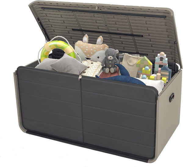 English Elm Resin 160 Gallon Deck Box - Heavy-Duty Waterproof Outdoor Storage Bench with Lockable Lid, Gray W1859P385057