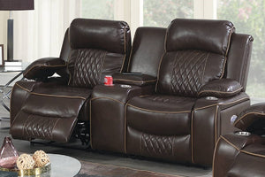 English Elm Power Motion Loveseat - Contemporary Brown Gel Leatherette With Usb, Cup Holders & Storage Arms B011S01066-GIGA