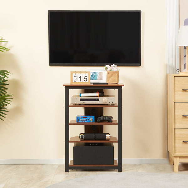 English Elm HOMCOM Corner TV Stand with 4-Tier Shelves, Steel Frame Media Console, Cable Management, Brown W2225P217441