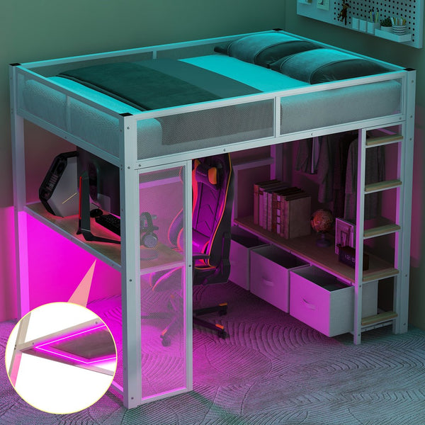 English Elm Full Metal Gaming Loft Bed with LED Lighting, Built-In Desk, Open Wardrobe and 3 Drawers for Space-Saving Comfort White GX001133AAK