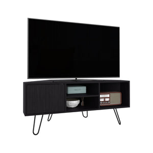 English Elm TV Stand Engineered Wood 1 Door 3 Shelves 4 Legs Black — Compact Modern TV Console, Stable Storage B097P350288
