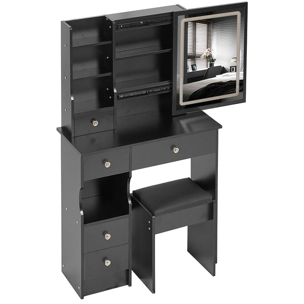 English Elm 29.2" Compact Vanity Table Set With Led Mirror, Touch Control, Cushioned Stool & Ample Storage Solutions W3258P299612
