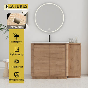 English Elm 48" Floating Bathroom Vanity Dual Ceramic Vessel Sinks Oak Finish Soft Close Doors W999S00512