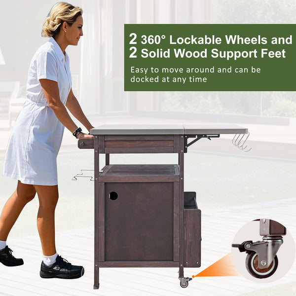 English Elm K&K 40.5" Outdoor Grill Cart with 201 Stainless Top, Solid Fir Storage, Drop Leaf & Lockable Wheels Brown N707P228272Z
