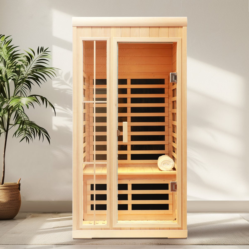 English Elm Deluxe Hemlock Far Infrared Sauna with Led Lighting Bluetooth Audio and Glass Door W632S00009