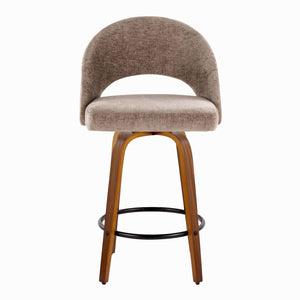 English Elm Fixed-height Walnut Wood Counter Stools with Fabric Seats Mid-century Modern Set of 2 B202S02152