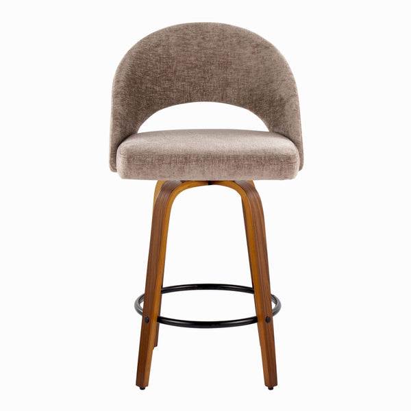 English Elm Fixed-height Walnut Wood Counter Stools with Fabric Seats Mid-century Modern Set of 2 B202S02152