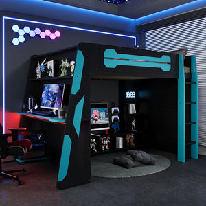 English Elm Full Size Wood Loft Bed with Rgb Lighting Desk Storage and Gaming Console Shelf Blue LT000260AAC