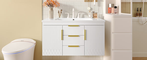 English Elm 36'' Wall Mounted Bathroom Vanity with Sink, Floating MDF Cabinet, 2 Drawers, Rust-Resistant Handles White N710P253035K