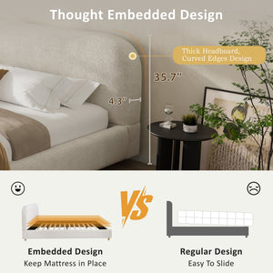 English Elm King Platform Bed Curved Boucle Upholstered Headboard Solid Rubberwood Legs Modern Bedroom N757P411870K