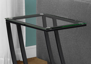 English Elm Accent C-Shaped End Table with Z-Base, Tempered Glass Top, Sturdy Metal Frame, Modern Versatility for Living Spaces Black 29 L x 15 W x 5 H B2710P219184