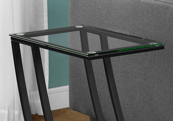 English Elm Accent C-Shaped End Table with Z-Base, Tempered Glass Top, Sturdy Metal Frame, Modern Versatility for Living Spaces Black 29 L x 15 W x 5 H B2710P219184