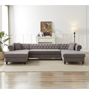 English Elm 135.5-inch Modern Chenille U-Shaped Sectional Sofa with Dual Chaise, Pull-Point Detail, Pillows, Wooden Legs Grey W1926S00047