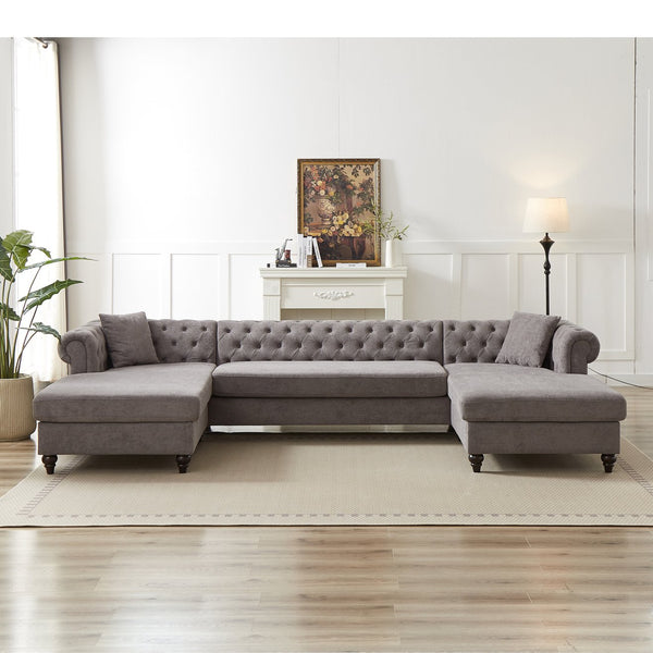 English Elm 135.5-inch Modern Chenille U-Shaped Sectional Sofa with Dual Chaise, Pull-Point Detail, Pillows, Wooden Legs Grey W1926S00047