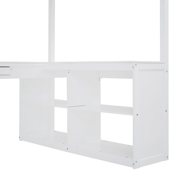 English Elm Full Wood Loft Bed with Wraparound Study Desk Built-in Storage and Vanity Mirror N708S00008K