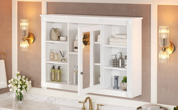 English Elm 42'' Wall Mount Medicine Cabinet White Mdf Mirror Door Six Open Shelves Towel Rod N710P363544K