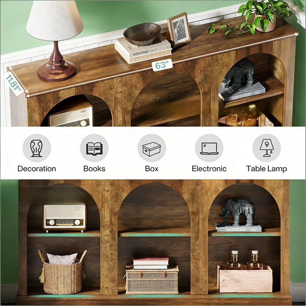 English Elm Practical Geometric Console Table with Matte Black Wood Grain Finish for Entryway or Sofa T3971P451570