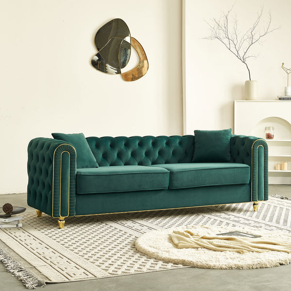 English Elm 86'' Luxury Modern Tufted Sofa with Gold Trim, Velvet Upholstery, Pocket Spring Comfort & 750lb Support Green W579P303657