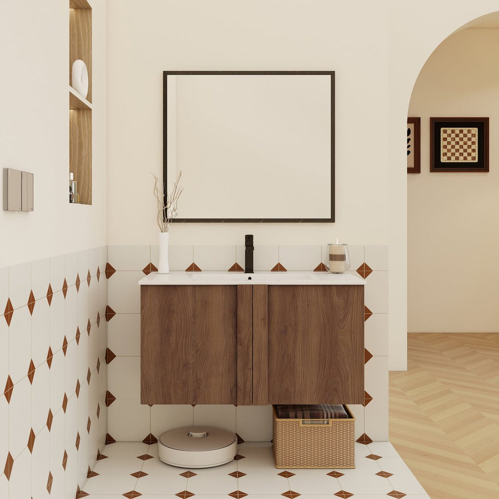 English Elm 36" Floating Bathroom Vanity Light Oak Modular Cabinet with Gel Coat Integrated Sink Brown Ebony,Glossy White W3450S00066