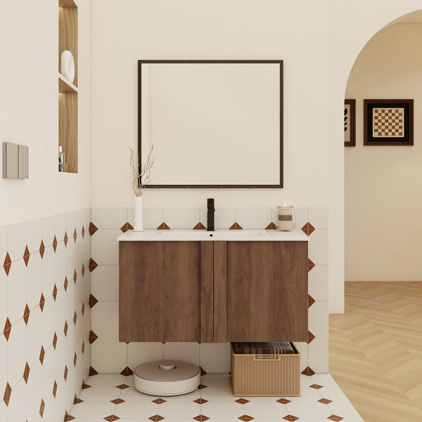 English Elm 36" Floating Bathroom Vanity Light Oak Modular Cabinet with Gel Coat Integrated Sink Brown Ebony,Glossy White W3450S00066