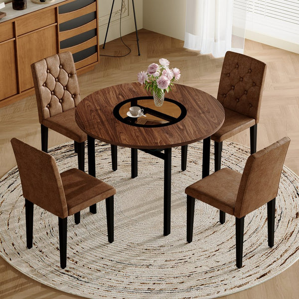 English Elm 42 Inch Round Dining Set Mdf Wood Grain Table with Tufted Suede Chairs for Four W1151S04474