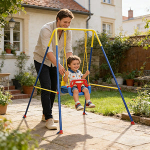 English Elm Folding A-frame Kids Swing Set with 3-in-1 Seat Powder-coated Steel Backyard Play T3971P481650