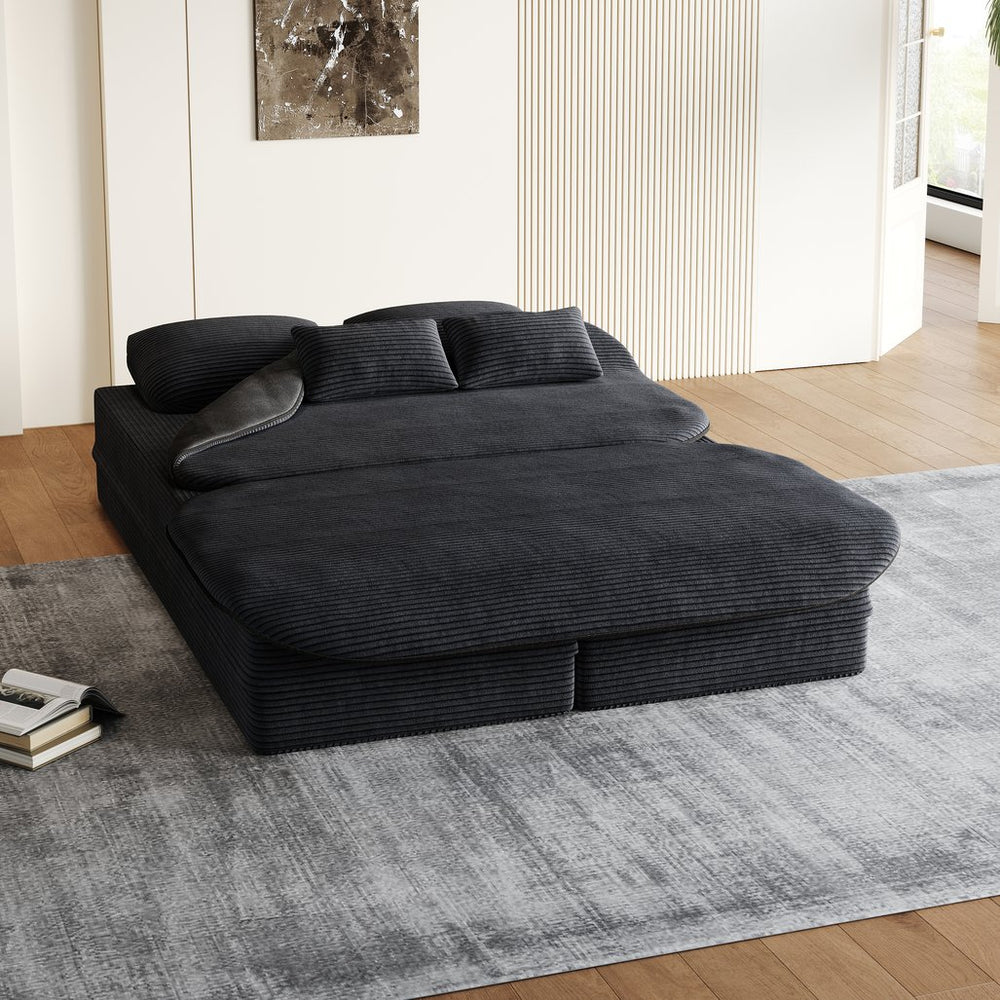 English Elm 75''2-In-1 Foldable Sofa Bed - Versatile Corduroy Lounge With Integrated Blanket & Pillows For Comfort W834P317046