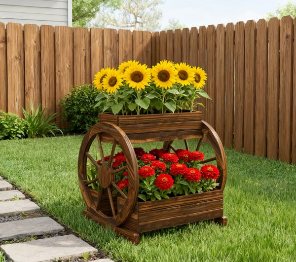 English Elm Outdoor Carbonized Fir 3-tier Wagon Wheel Raised Planter Box for Herbs and Vegetables T3971P423432