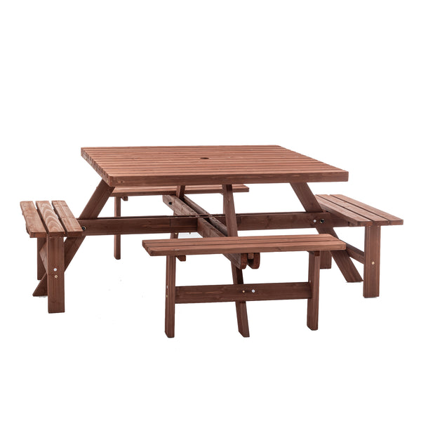 English Elm 8-person Square Wood Picnic Table with Umbrella Hole Reinforced Outdoor Dining Set W1422P392906